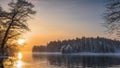 Midwinter, island off the coast of a lake, trees and rocks. Cold sunrise on the lake island.