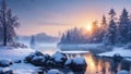 Midwinter, island off the coast of a lake, trees and rocks. Cold sunrise on the lake island.