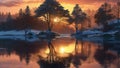 Midwinter, island off the coast of a lake, trees and rocks. Cold sunrise on the lake island.