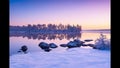 Midwinter, island off the coast of a lake, trees and rocks. Cold sunrise on the lake island.