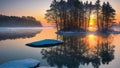 Midwinter, island off the coast of a lake, trees and rocks. Cold sunrise on the lake island.