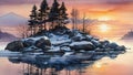 Midwinter, island off the coast of a lake, trees and rocks. Cold sunrise on the lake island.