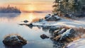 Midwinter, island off the coast of a lake, trees and rocks. Cold sunrise on the lake island.