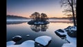 Midwinter, island off the coast of a lake, trees and rocks. Cold sunrise on the lake island.