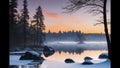 Midwinter, island off the coast of a lake, trees and rocks. Cold sunrise on the lake island.