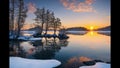 Midwinter, island off the coast of a lake, trees and rocks. Cold sunrise on the lake island.