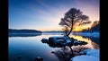 Midwinter, island off the coast of a lake, trees and rocks. Cold sunrise on the lake island.