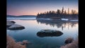 Midwinter, island off the coast of a lake, trees and rocks. Cold sunrise on the lake island.