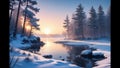 Midwinter, island off the coast of a lake, trees and rocks. Cold sunrise on the lake island.