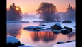 Midwinter, island off the coast of a lake, trees and rocks. Cold sunrise on the lake island.