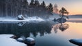 Midwinter, island off the coast of a lake, trees and rocks. Cold sunrise on the lake island.