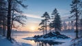 Midwinter, island off the coast of a lake, trees and rocks. Cold sunrise on the lake island.