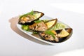 Midye dolma, stuffed mussels Turkish food with a beautiful presentation Royalty Free Stock Photo
