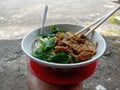 Mie ayam. Indonesian typical chicken noodle served on bowl