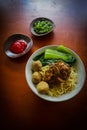 mie ayam or noodles chicken is traditional food from indonesia, asia made from noodle, chicken, chicken broth, spinach, sometimes.