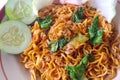 Mie tek tek or fried noodle made with egg noodles with chicken, cabbage, mustard greens, meatballs, scrambled eggs. indonesian. Royalty Free Stock Photo