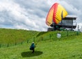 Miedzybrodzie, Silesia, Poland - 29 May 2022: Paraglider preparing to start.