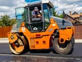 Road roller on work close up shot. Royalty Free Stock Photo