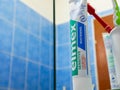 Elmex sensitive whitening tooth paste in front of a mirror in the bathroom.