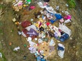 Aerial view of a dirty riverbed, conceptual image of human negligence.