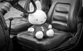 Miffy doll on a carseat in black and white
