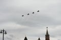 MiG-31K fighter interceptors fly in the sky over Red Square during an air parade dedicated to the 75th anniversary of Victory in t