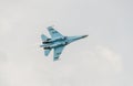 Mig 21 Lancer pilot training over the city sky. Bucharest, Romania