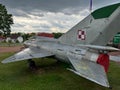 The MIG 21 UM jet aircraft standing on the square in front of the Aviation Center of the Polish Academy of Sciences in Chelm