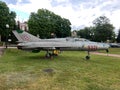 The MIG 21 UM jet aircraft standing on the square in front of the Aviation Center of the Polish Academy of Sciences in Chelm