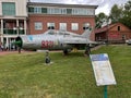 The MIG 21 UM jet aircraft standing on the square in front of the Aviation Center of the Polish Academy of Sciences in Chelm