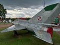 The MIG 21 UM jet aircraft standing on the square in front of the Aviation Center of the Polish Academy of Sciences in Chelm