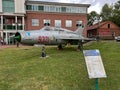 The MIG 21 UM jet aircraft standing on the square in front of the Aviation Center of the Polish Academy of Sciences in Chelm