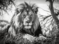 Ai Generated illustration Wildlife Concept of Mighty and beautiful lion resting in the African savannah black and white Royalty Free Stock Photo