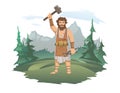 A mighty blacksmith with a hammer and tongs. Forest and mountain landscape in the background. The Ancient God of