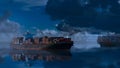 Mighty container ships in ocean at night underway performing import and export marine cargo transportation