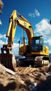 Mighty excavator against blue sky digs, aiding earthworks at construction site near concrete pipe.