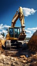 Mighty excavator against blue sky digs, aiding earthworks at construction site near concrete pipe.