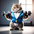 Mighty Feline Fitness: Cat Bodybuilder with Sports Medal Exercising with Dumbbell Weights on a White Background (3D Render Royalty Free Stock Photo