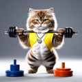 Mighty Feline Fitness: Cat Bodybuilder with Sports Medal Exercising with Dumbbell Weights on a White Background (3D Render Royalty Free Stock Photo