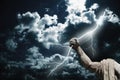 Mighty god Zeus. The power of king of Olympic gods is the ability to throw lightning bolts. Fragment of an ancient statue Royalty Free Stock Photo