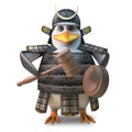 Mighty Japanese samurai penguin warrior is about to hold an auction, 3d illustration
