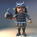 Mighty Japanese samurai warrior in 3d holding a gunpowder bomb, 3d illustration