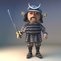 Mighty Japanese samurai warror wields powerful katana blade, 3d illustration Royalty Free Stock Photo