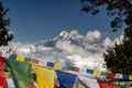 Langtang Lirung peak with prayer flags , Tamang Heritage trail , Langtang valley , Nepal Royalty Free Stock Photo