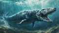 The mighty Mosasaurus gracefully glides through the primordial seas, a majestic underwater spectacle, Ai Generated