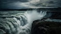 The mighty Niagara Falls thundering down in full force with a misty sky behind it created with Generative AI