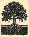 Mighty Oak Tree with Deep Roots Illustration Royalty Free Stock Photo