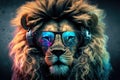 Mighty rasta lion in earphones and mirror glasses on abstract magenta background. 80s vibe, Rastafarian culture, synthwave style, Royalty Free Stock Photo