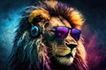 Mighty rasta lion in earphones and mirror glasses on abstract magenta background. 80s vibe, Rastafarian culture, synthwave style,