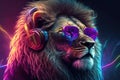 Mighty rasta lion in earphones and mirror glasses on abstract magenta background. 80s vibe, Rastafarian culture, synthwave style, Royalty Free Stock Photo